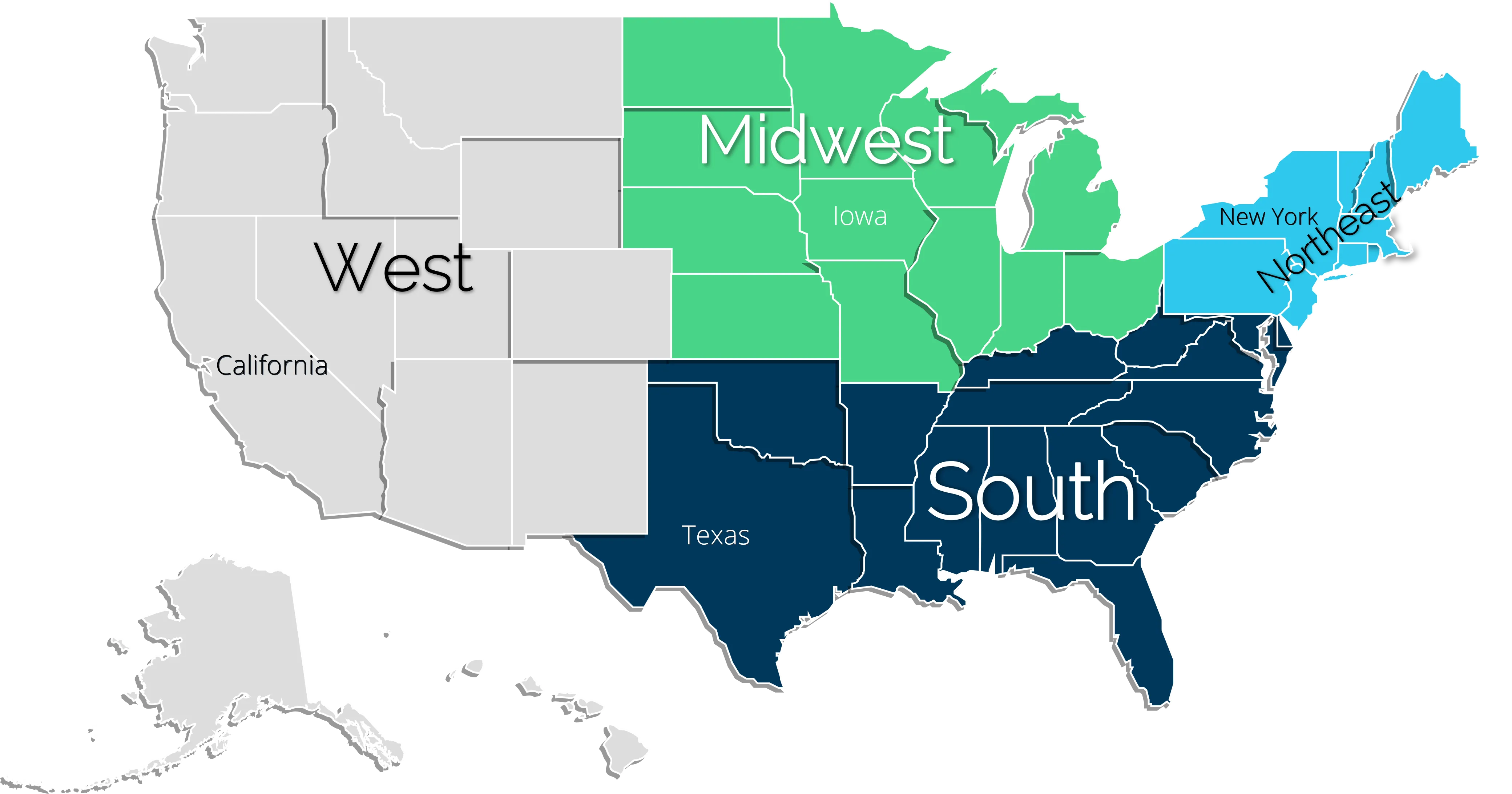 Map of the United States divided into Northeast, South, Midwest, and West regions, each shaded to show EHR data source coverage